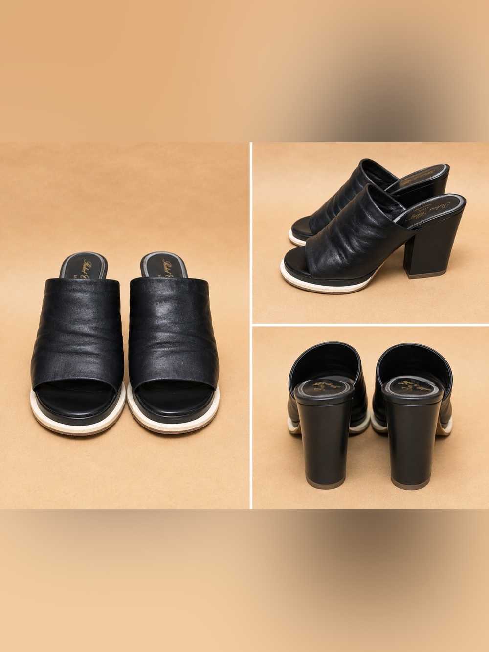 Robert Clergerie Black Leather Open-Toe Block Heel Mules with White Trim